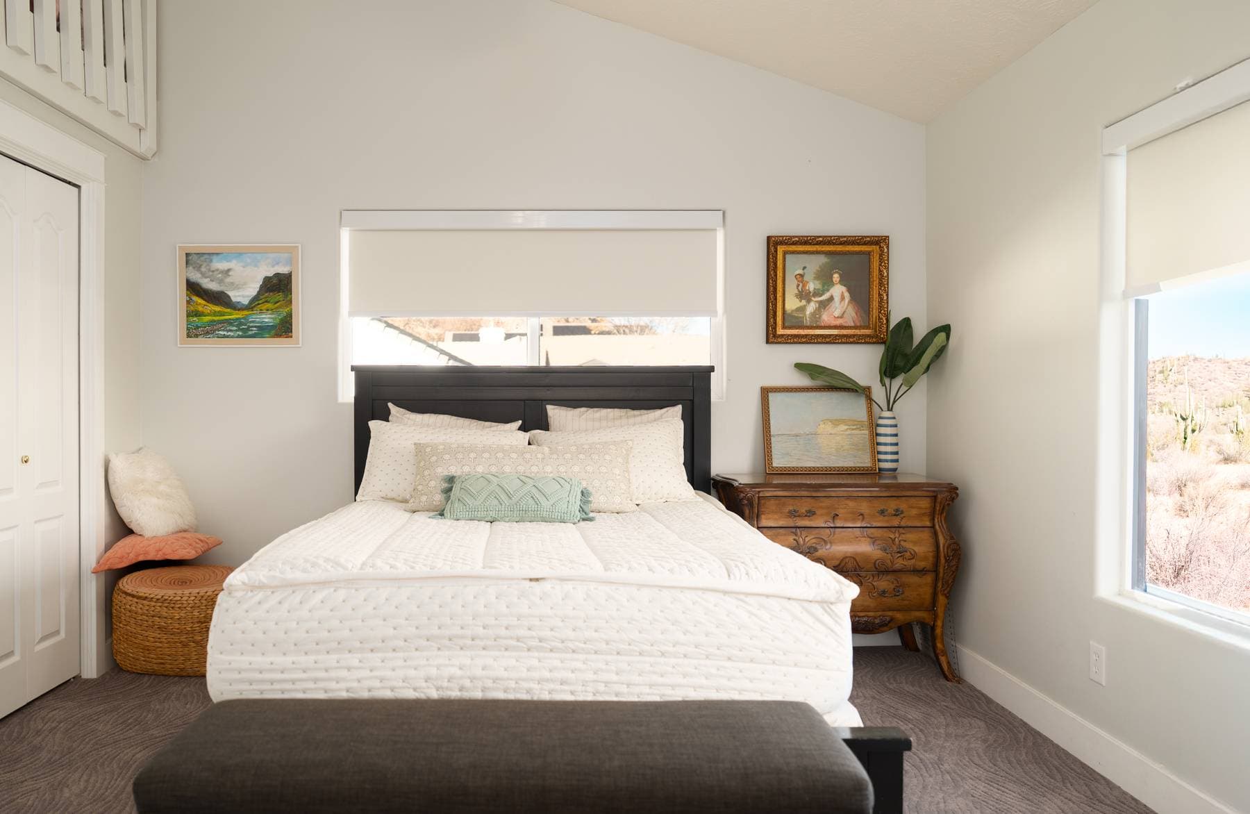 Light-filtering blinds in a home office