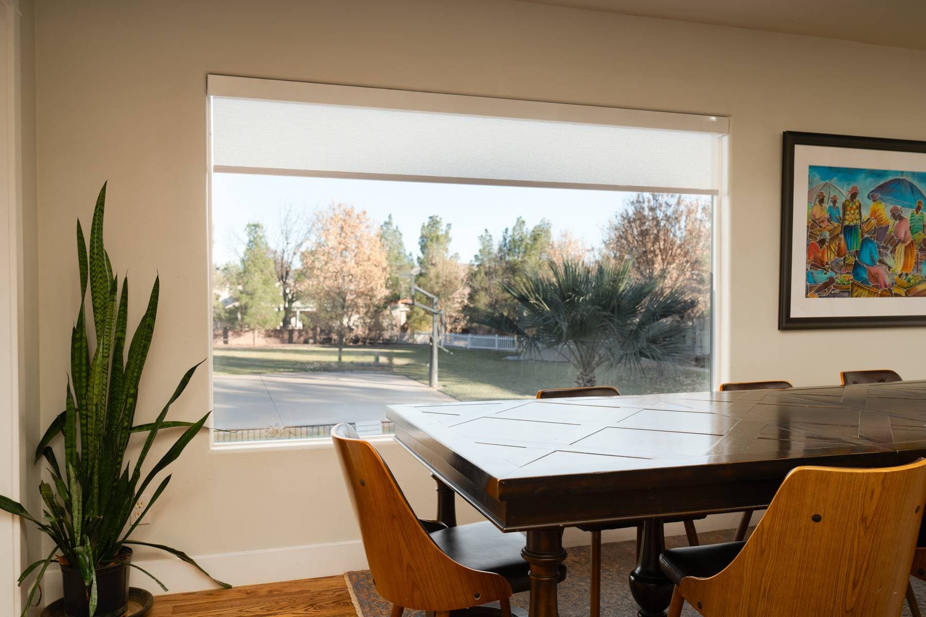 Motorized blinds in a modern bedroom